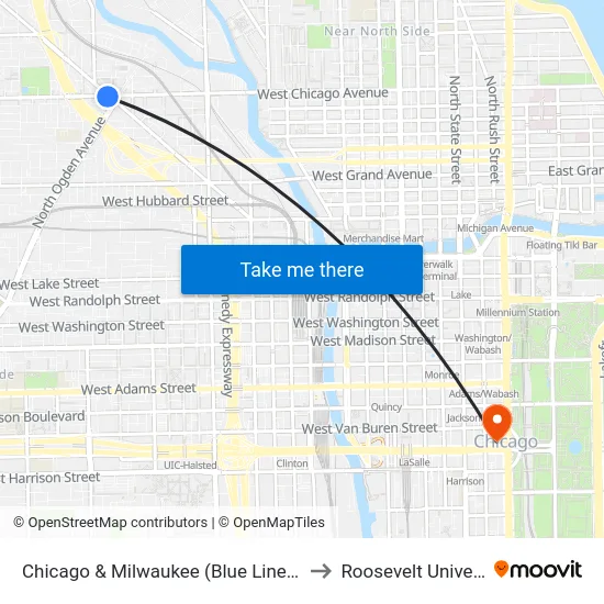 Chicago & Milwaukee (Blue Line) (East) to Roosevelt University map