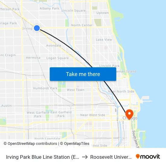 Irving Park Blue Line Station (East) to Roosevelt University map