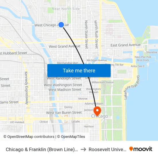 Chicago & Franklin (Brown Line) (East) to Roosevelt University map