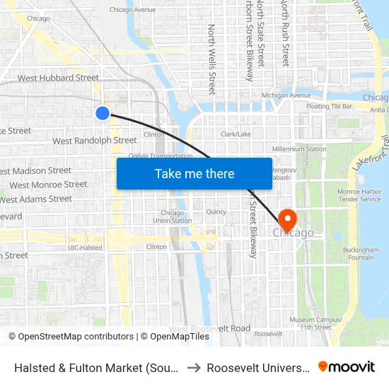Halsted & Fulton Market (South) to Roosevelt University map