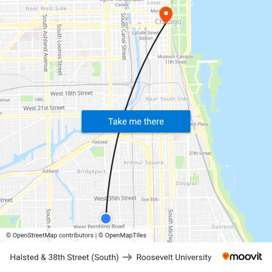 Halsted & 38th Street (South) to Roosevelt University map