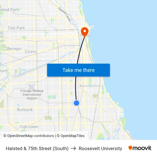 Halsted & 75th Street (South) to Roosevelt University map