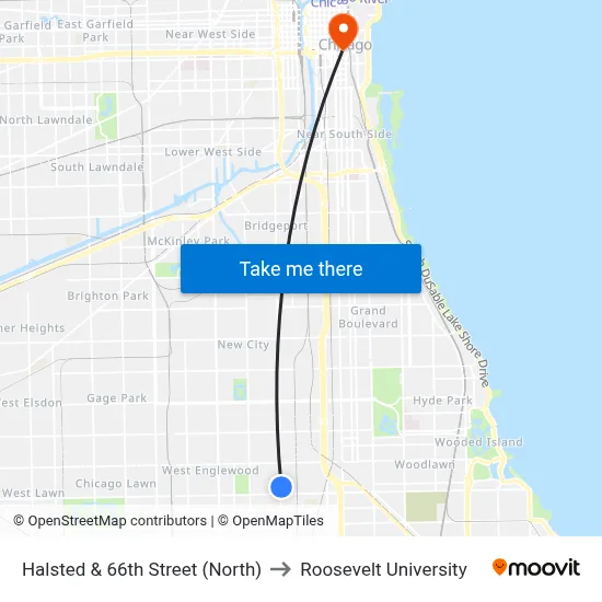 Halsted & 66th Street (North) to Roosevelt University map
