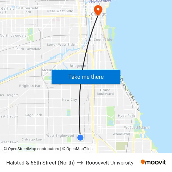 Halsted & 65th Street (North) to Roosevelt University map