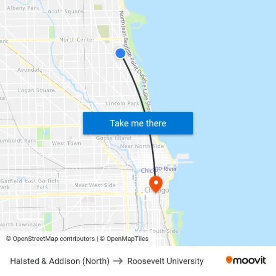 Halsted & Addison (North) to Roosevelt University map