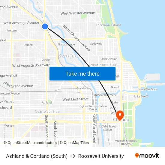 Ashland & Cortland (South) to Roosevelt University map