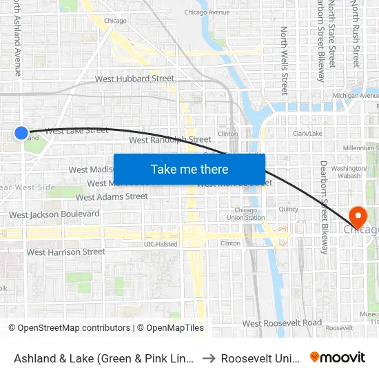 Ashland & Lake (Green & Pink Lines) (South) to Roosevelt University map