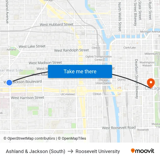 Ashland & Jackson (South) to Roosevelt University map