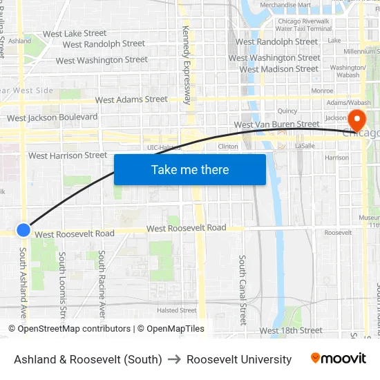 Ashland & Roosevelt (South) to Roosevelt University map