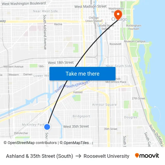 Ashland & 35th Street (South) to Roosevelt University map