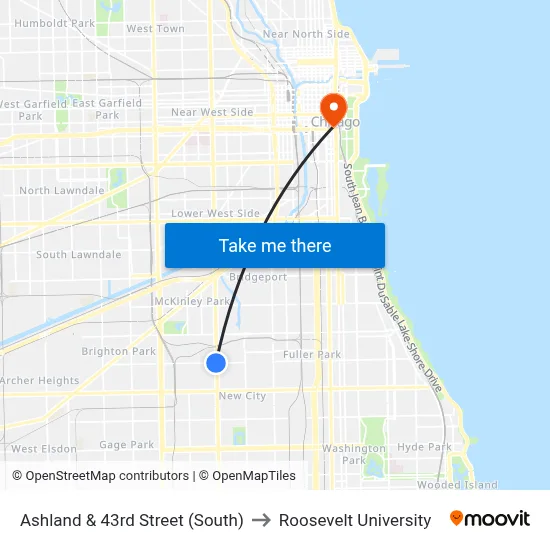 Ashland & 43rd Street (South) to Roosevelt University map