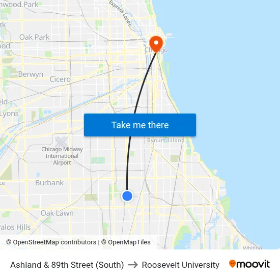 Ashland & 89th Street (South) to Roosevelt University map