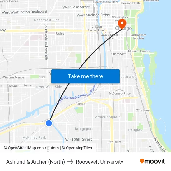 Ashland & Archer (North) to Roosevelt University map