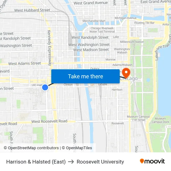 Harrison & Halsted (East) to Roosevelt University map