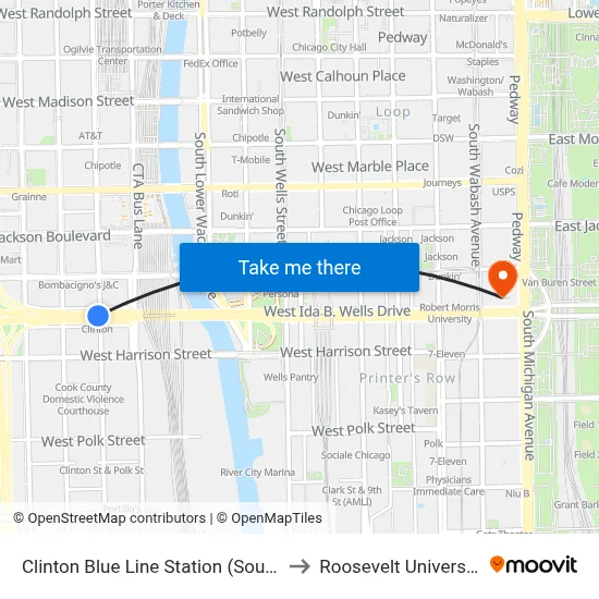 Clinton Blue Line Station (South) to Roosevelt University map
