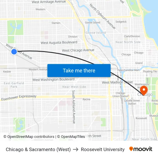 Chicago & Sacramento (West) to Roosevelt University map