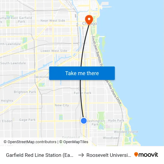 Garfield Red Line Station (East) to Roosevelt University map