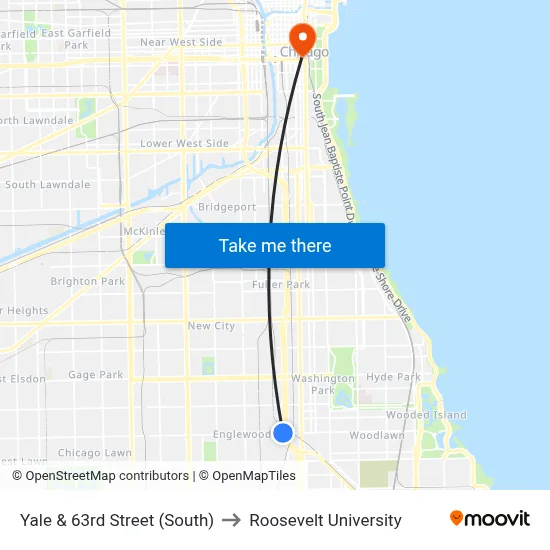 Yale & 63rd Street (South) to Roosevelt University map