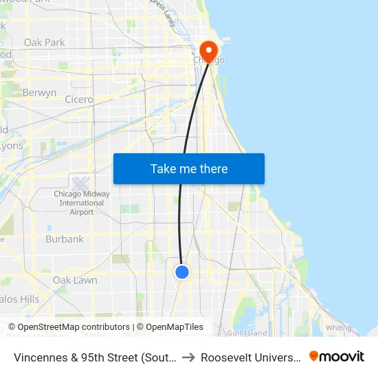 Vincennes & 95th Street (South) to Roosevelt University map