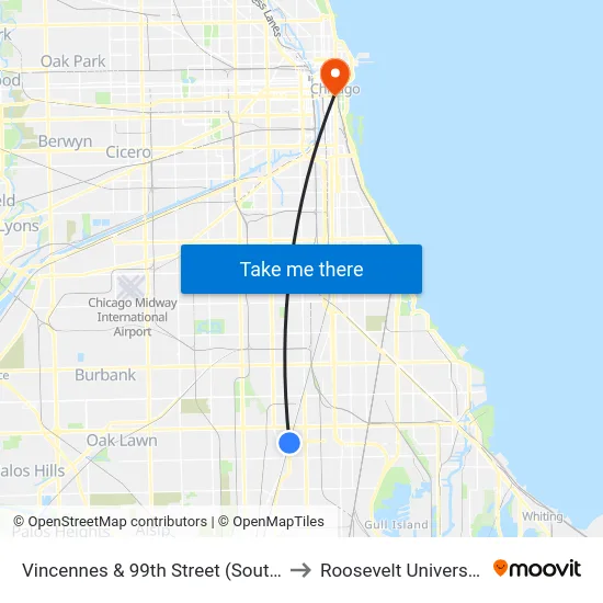 Vincennes & 99th Street (South) to Roosevelt University map