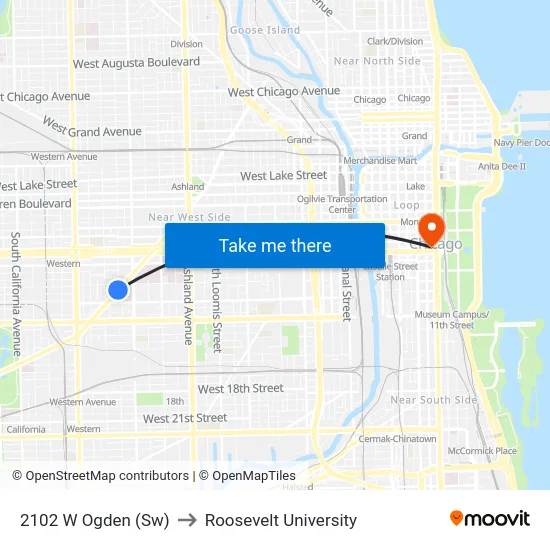 2102 W Ogden (Sw) to Roosevelt University map