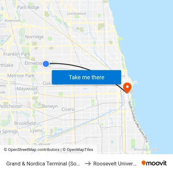 Grand & Nordica Terminal (South) to Roosevelt University map