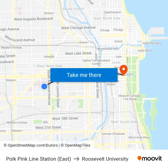 Polk Pink Line Station (East) to Roosevelt University map