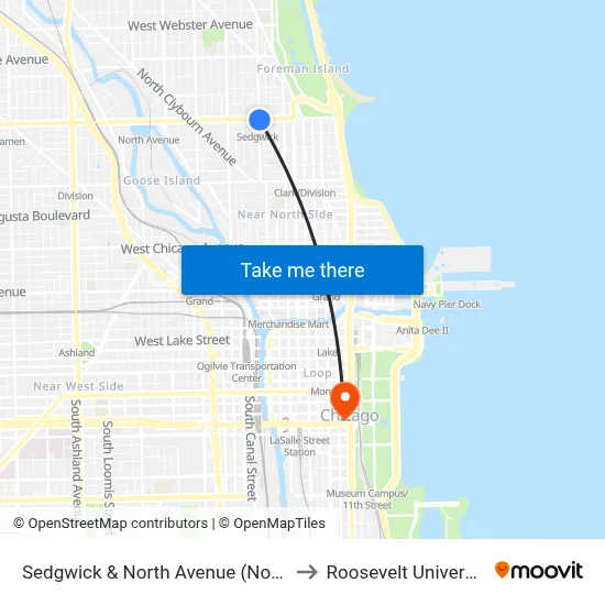 Sedgwick & North Avenue (North) to Roosevelt University map