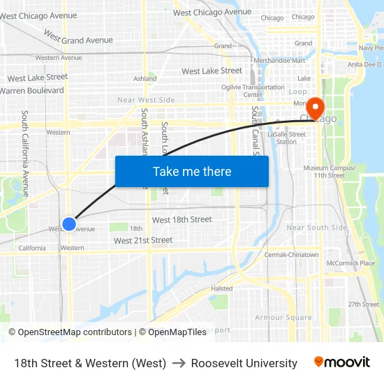 18th Street & Western (West) to Roosevelt University map