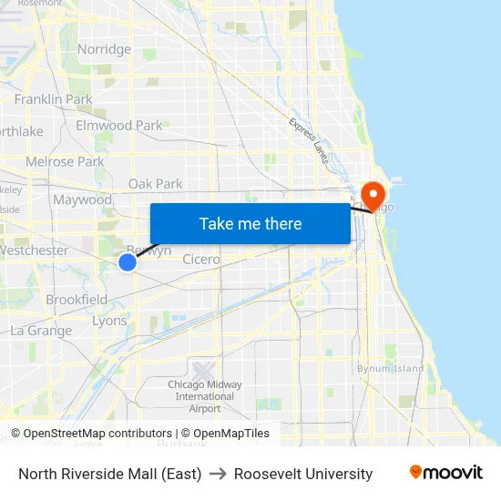 North Riverside Mall (East) to Roosevelt University map