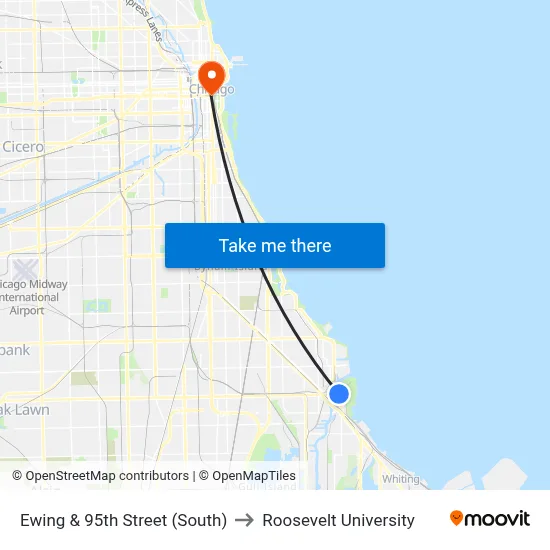 Ewing & 95th Street (South) to Roosevelt University map