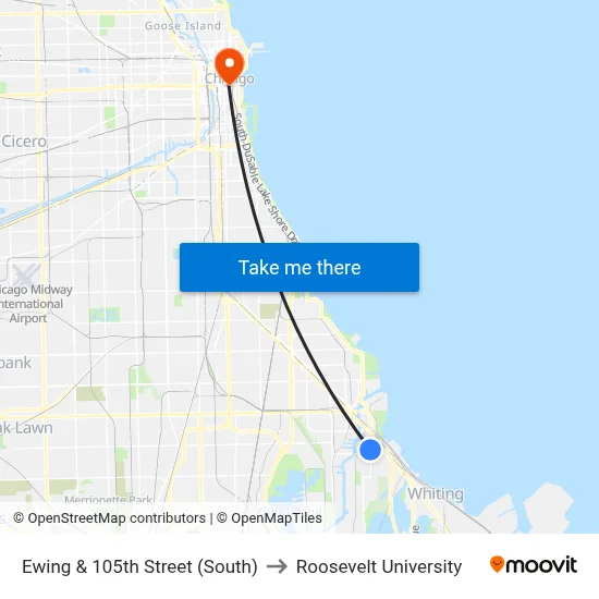Ewing & 105th Street (South) to Roosevelt University map
