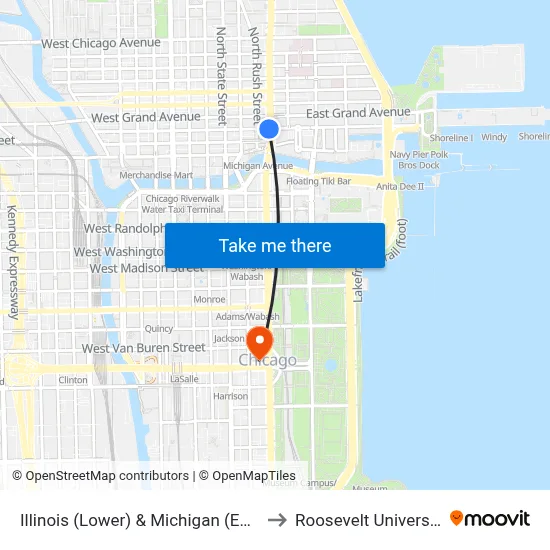 Illinois (Lower) & Michigan (East) to Roosevelt University map