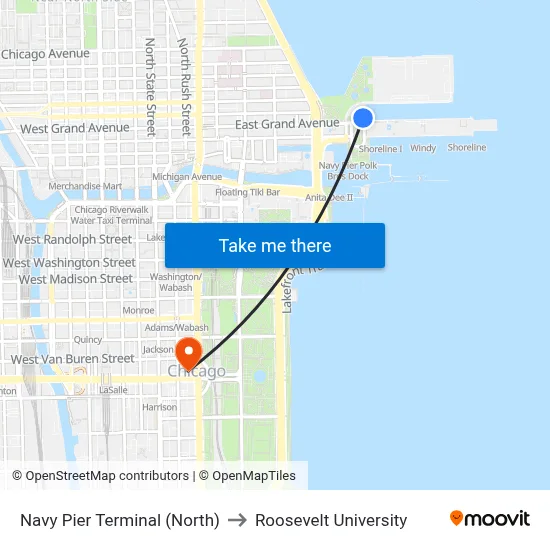 Navy Pier Terminal (North) to Roosevelt University map