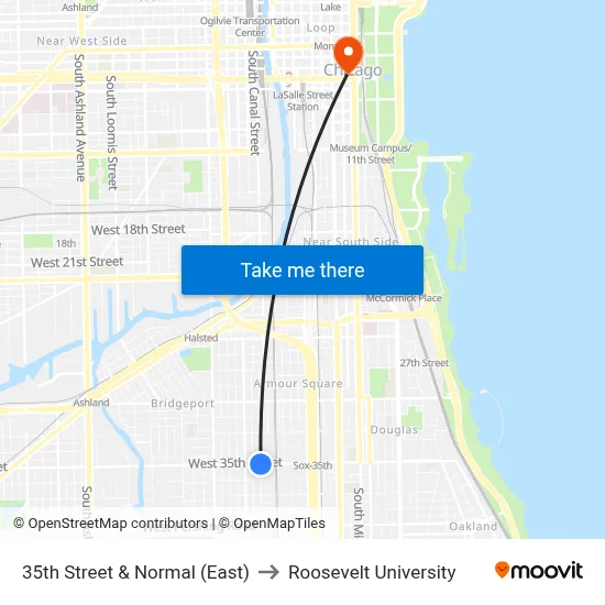 35th Street & Normal (East) to Roosevelt University map