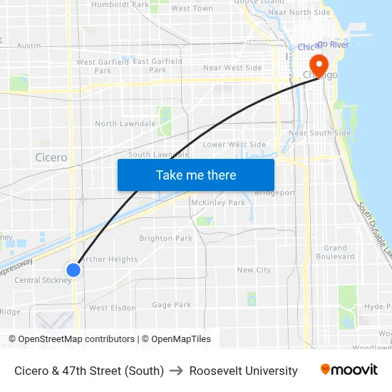 Cicero & 47th Street (South) to Roosevelt University map