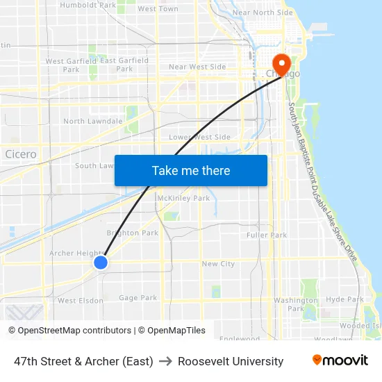 47th Street & Archer (East) to Roosevelt University map