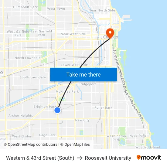 Western & 43rd Street (South) to Roosevelt University map