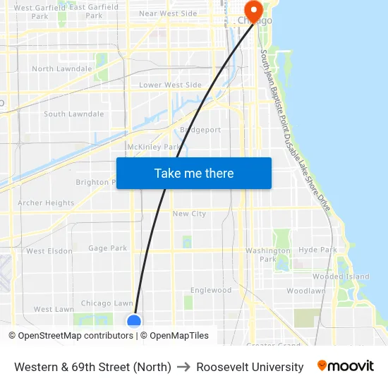 Western & 69th Street (North) to Roosevelt University map