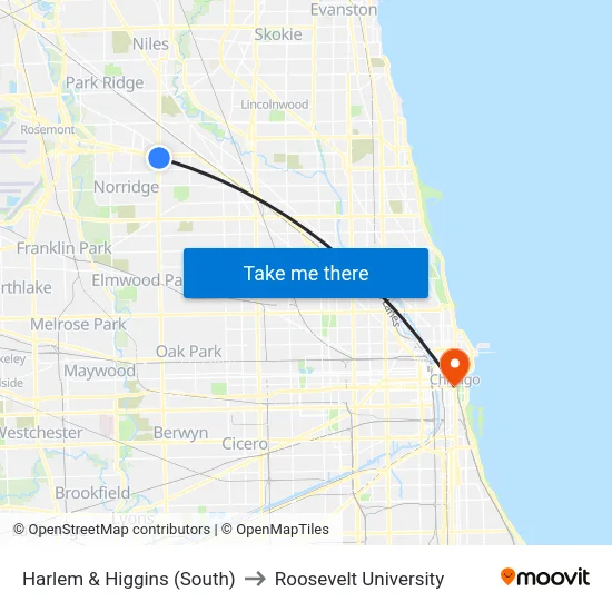 Harlem & Higgins (South) to Roosevelt University map