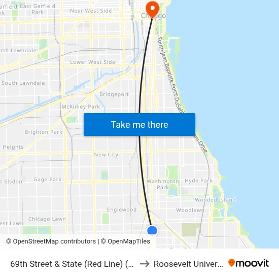 69th Street & State (Red Line) (East) to Roosevelt University map