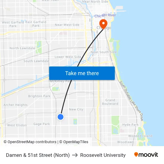 Damen & 51st Street (North) to Roosevelt University map