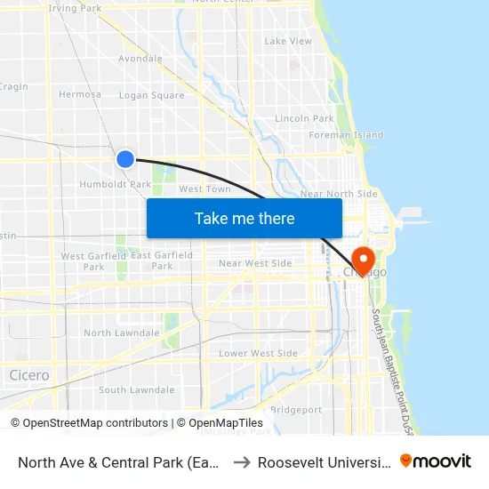 North Ave & Central Park (East) to Roosevelt University map