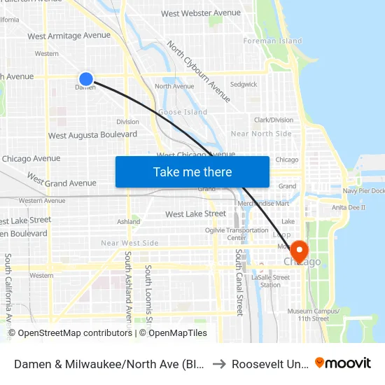 Damen & Milwaukee/North Ave (Blue Line) (North) to Roosevelt University map