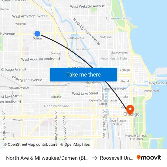 North Ave & Milwaukee/Damen (Blue Line) (East) to Roosevelt University map