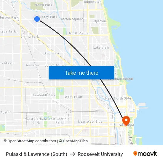 Pulaski & Lawrence (South) to Roosevelt University map