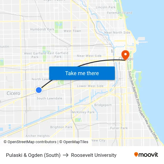 Pulaski & Ogden (South) to Roosevelt University map