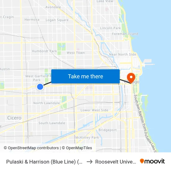 Pulaski & Harrison (Blue Line) (North) to Roosevelt University map