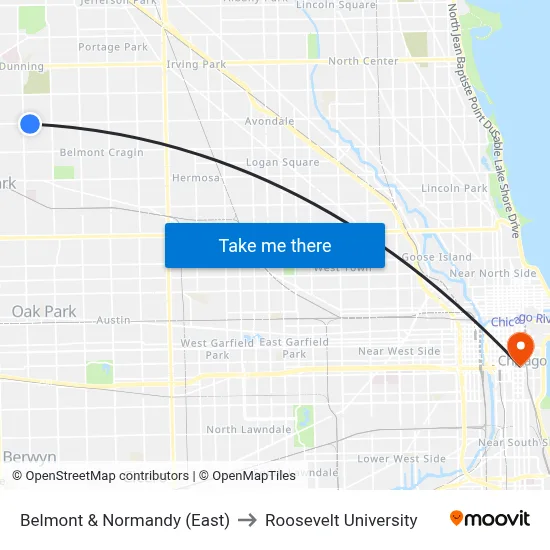Belmont & Normandy (East) to Roosevelt University map