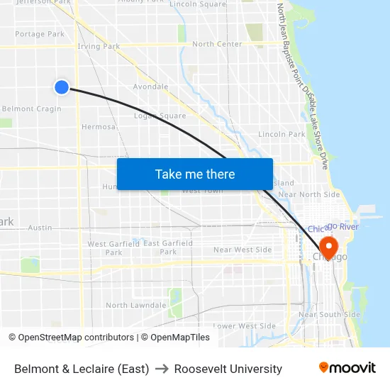 Belmont & Leclaire (East) to Roosevelt University map